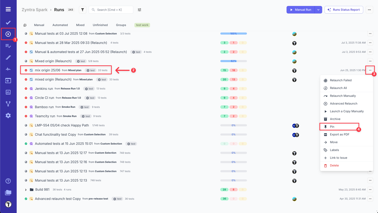 Testomat.io - Pin a Run